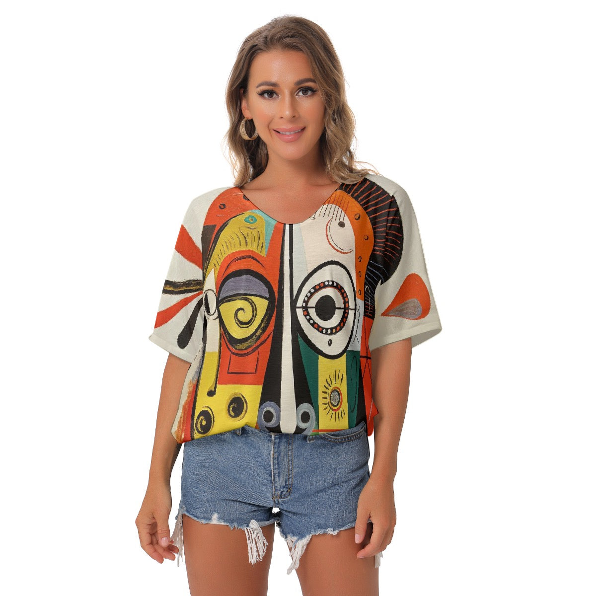 All-Over Print Women's Bat Sleeves V-Neck Blouse