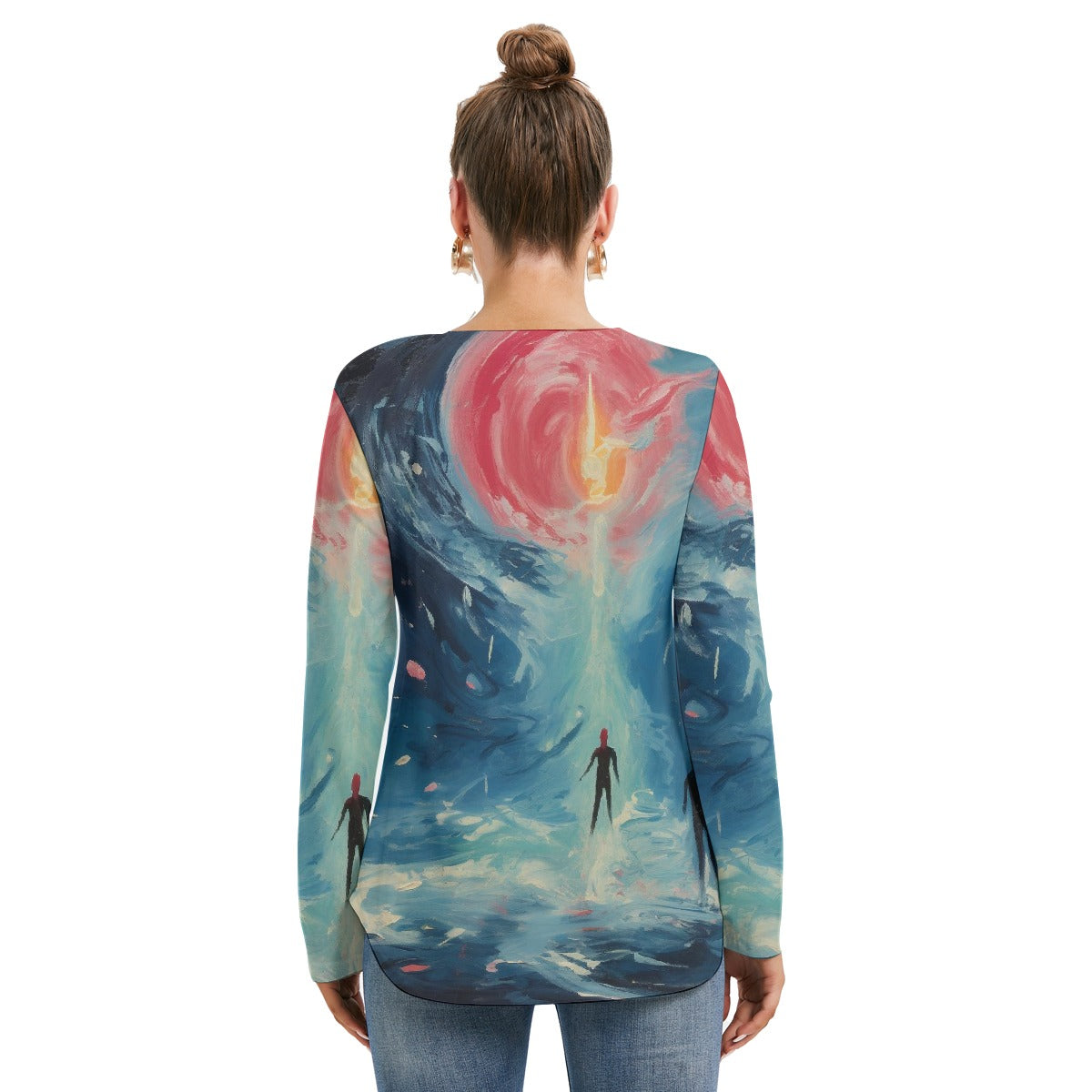 All-Over Print Women's Long Sleeve Neckline Tie Sweatshirt