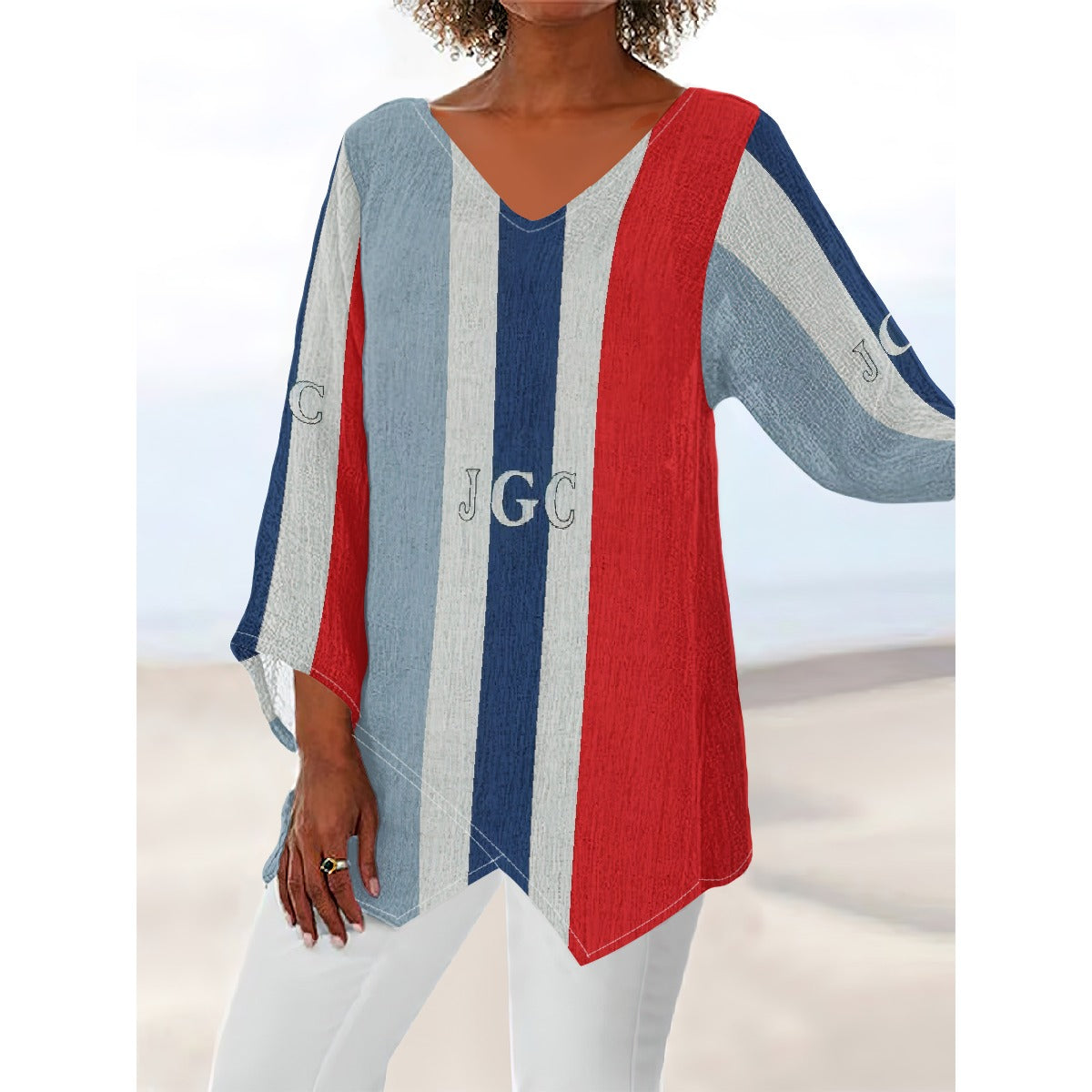 All-Over Print Women's V-neck T-shirt With Irregular Hem