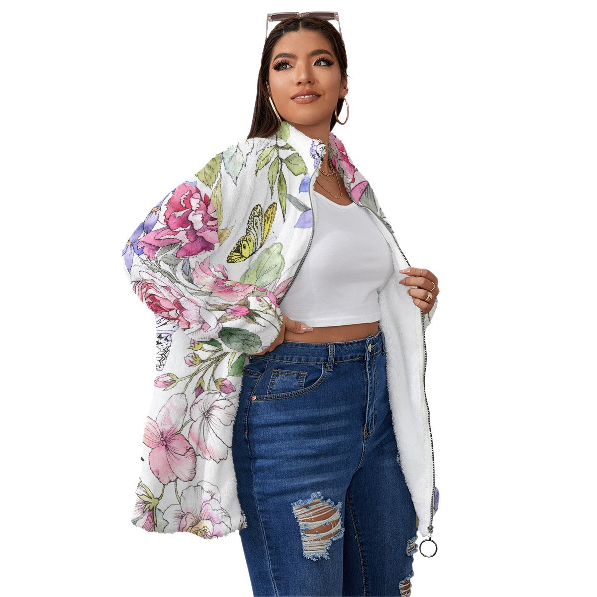 All-Over Print Unisex Borg Fleece Stand-up Collar Coat With Zipper Closure(Plus Size)