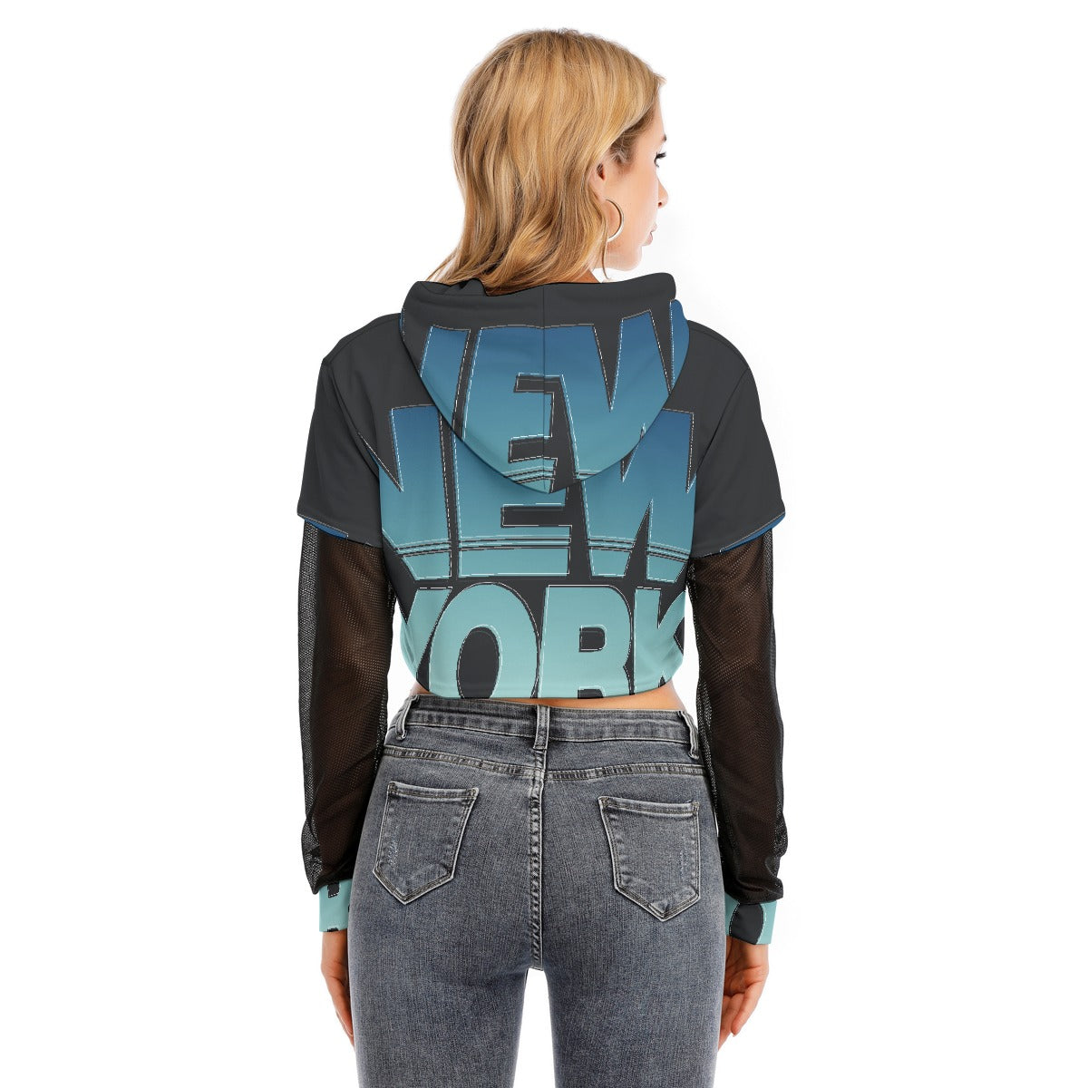 All-Over Print Women's Fake Two-piece Mesh Sleeve Cropped Hoodie