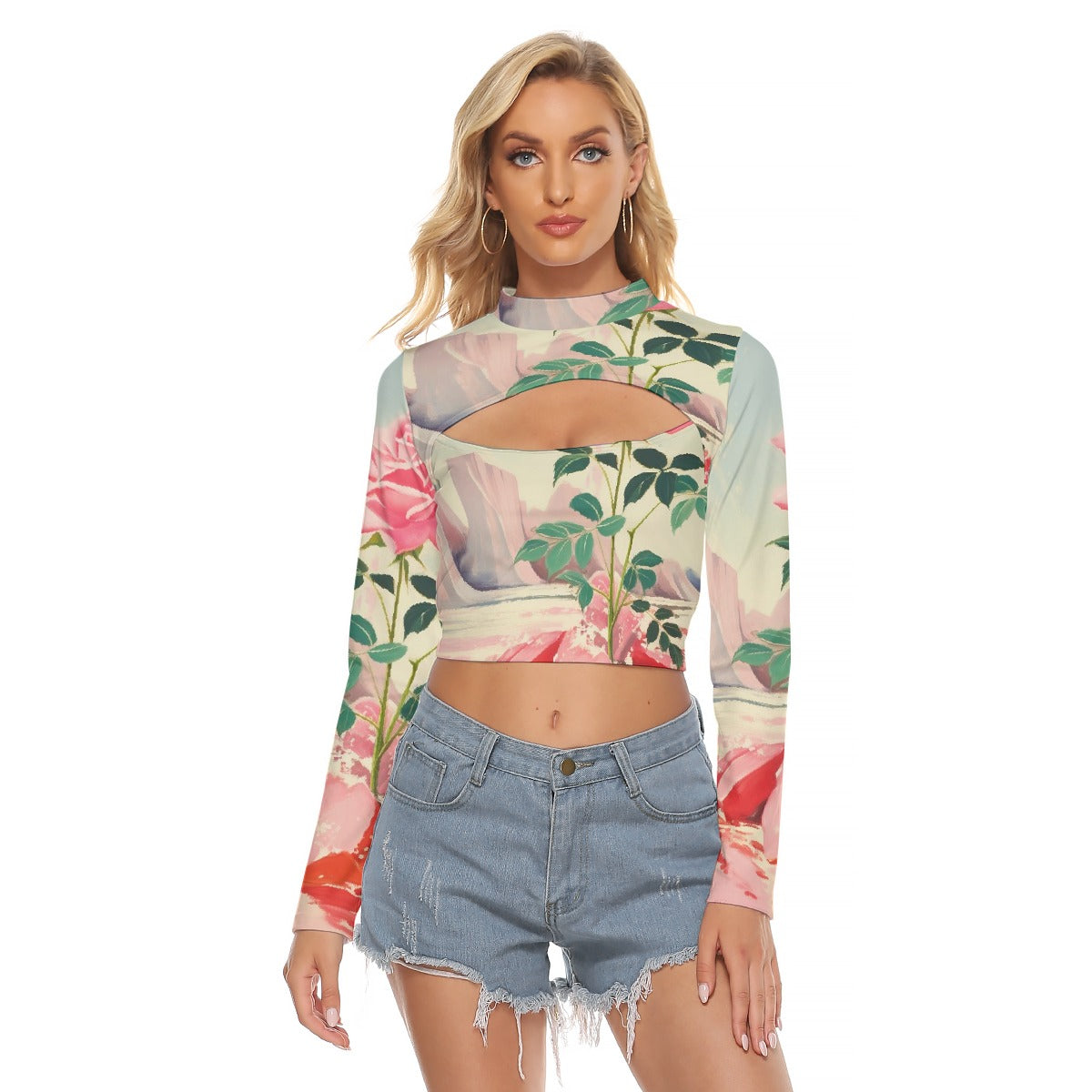 All-Over Print Women's Hollow Chest Keyhole Tight Crop Top