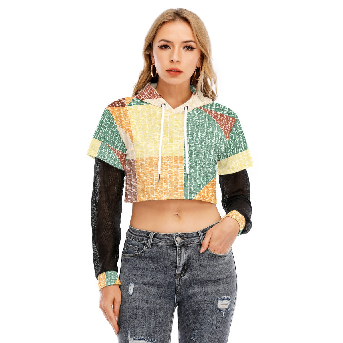 All-Over Print Women's Fake Two-piece Mesh Sleeve Cropped Hoodie