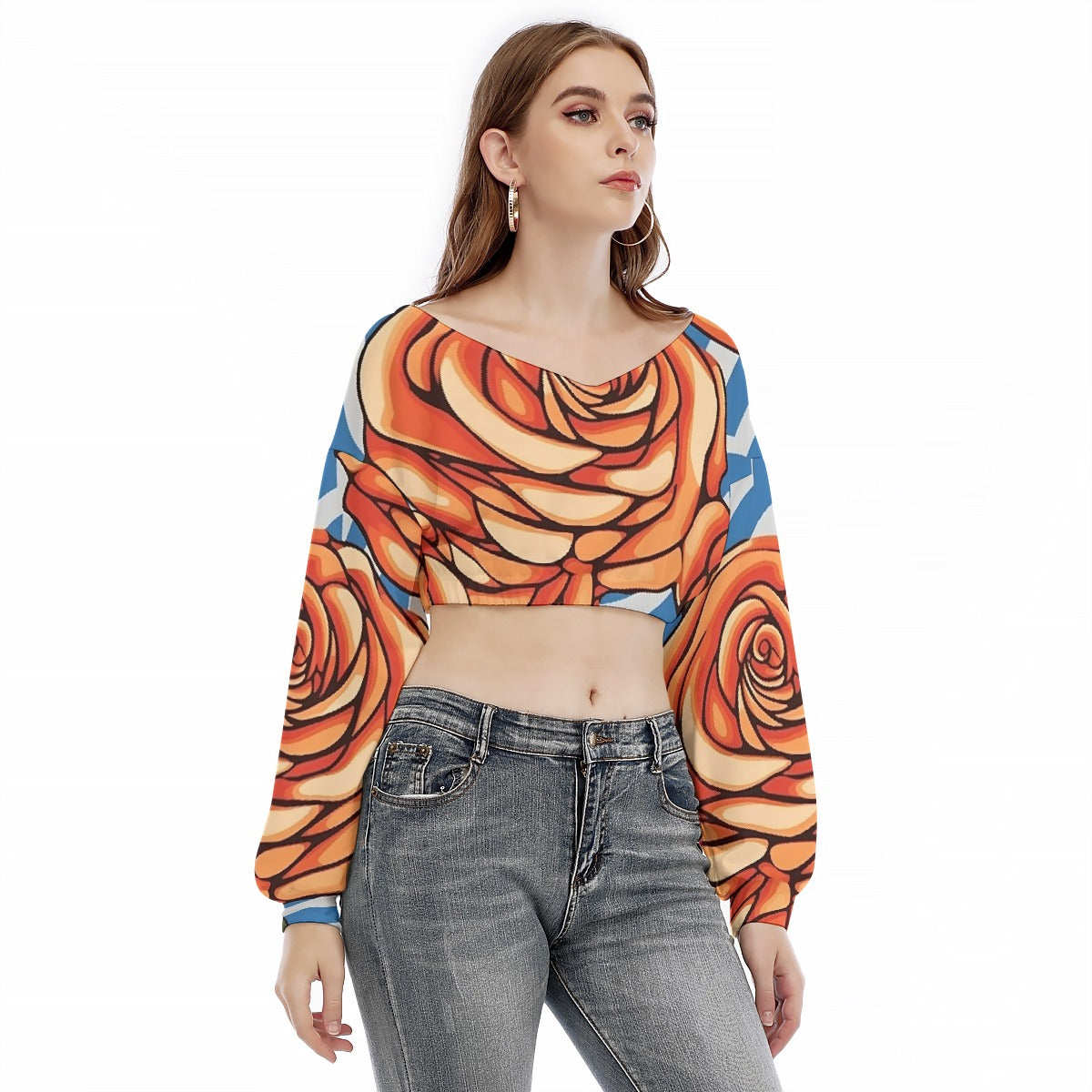 All-Over Print Women's V-neck Long Sleeve Cropped Sweatshirt