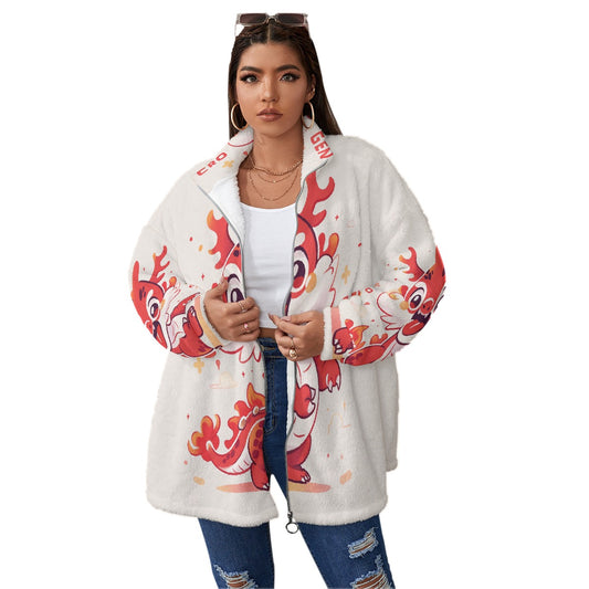 All-Over Print Unisex Borg Fleece Stand-up Collar Coat With Zipper Closure(Plus Size)