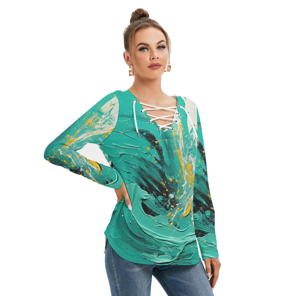 All-Over Print Women's Long Sleeve Neckline Tie Sweatshirt