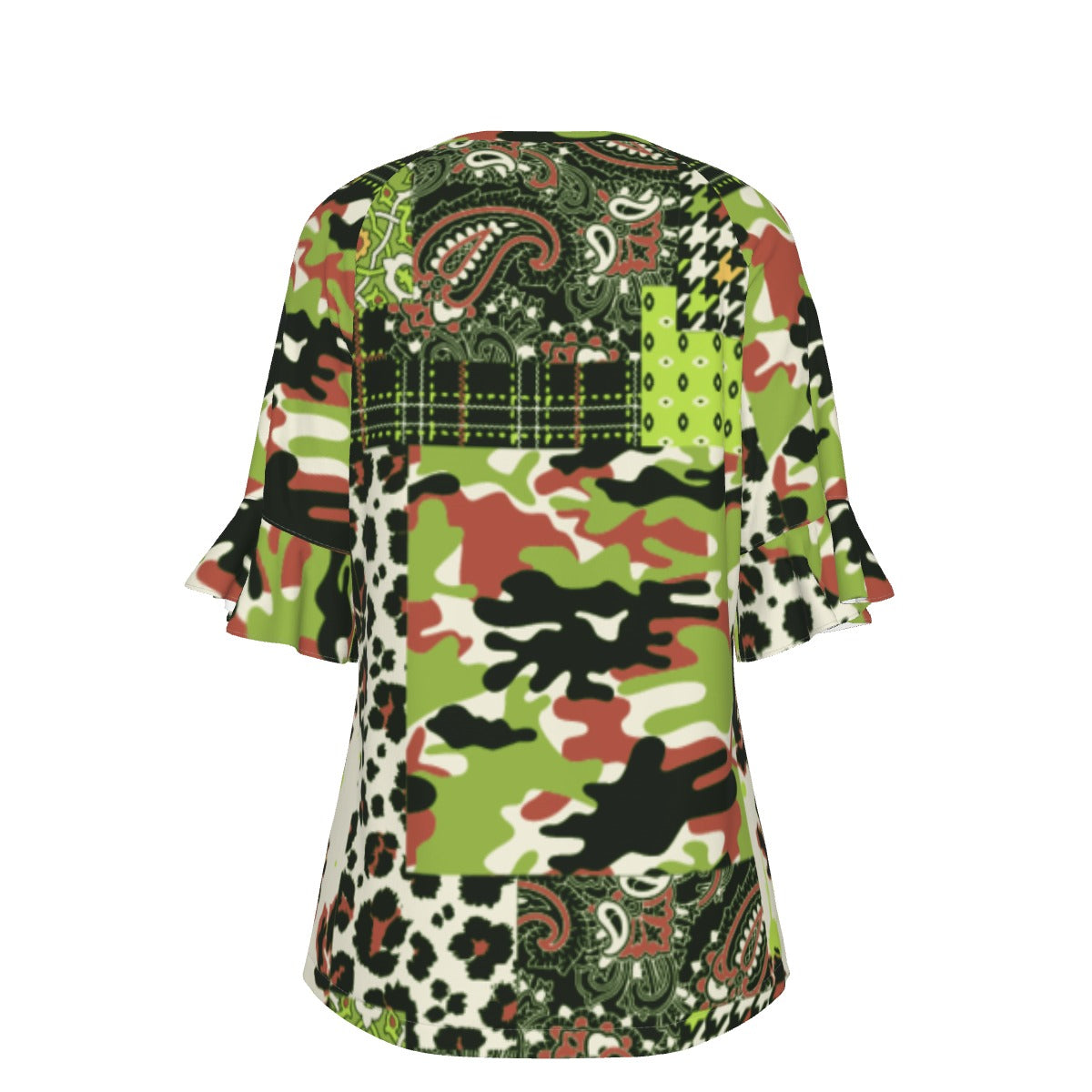 All-Over Print V-neck Women's T-shirt With Bell Sleeve
