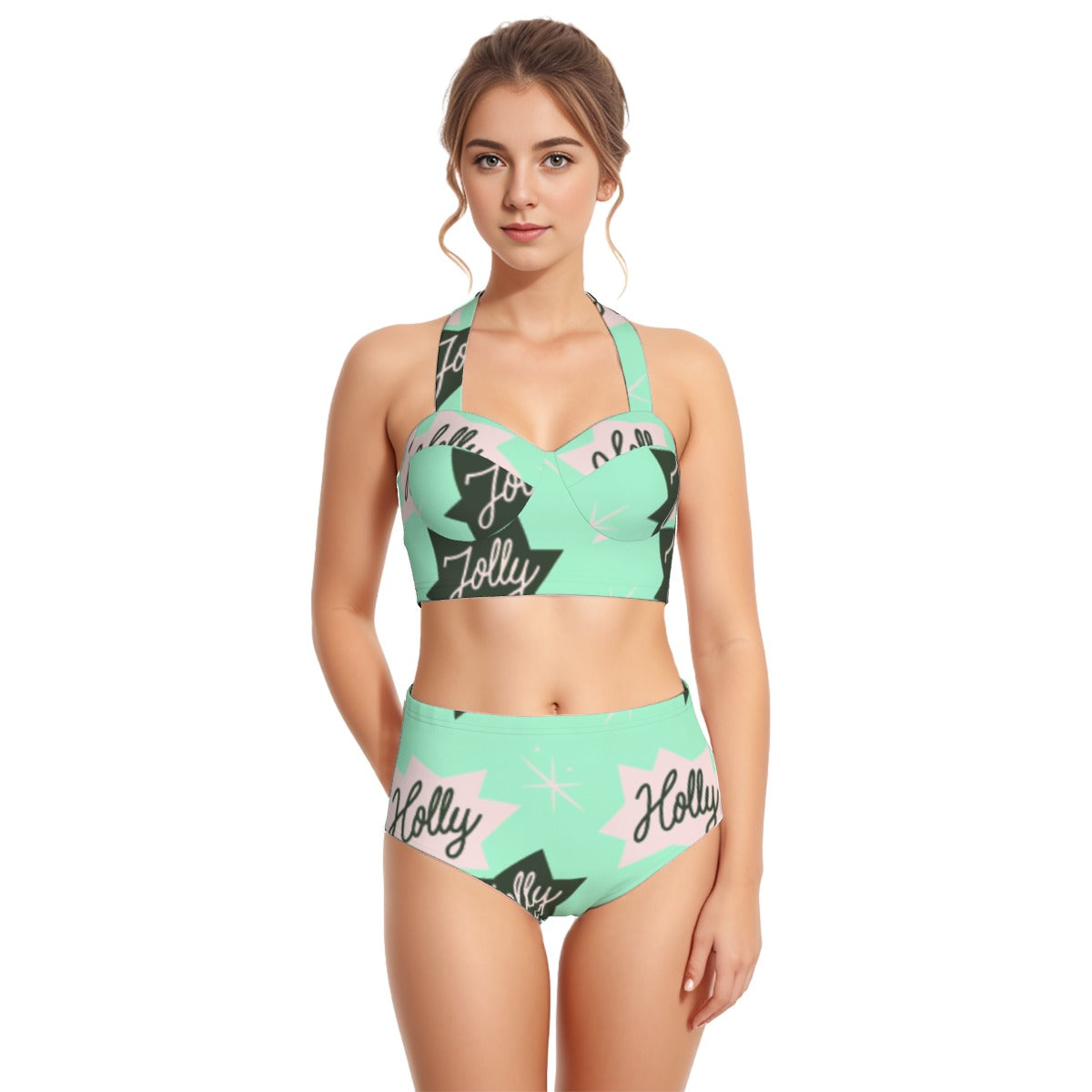 All-Over Print Women's Swimsuit Set With Halter