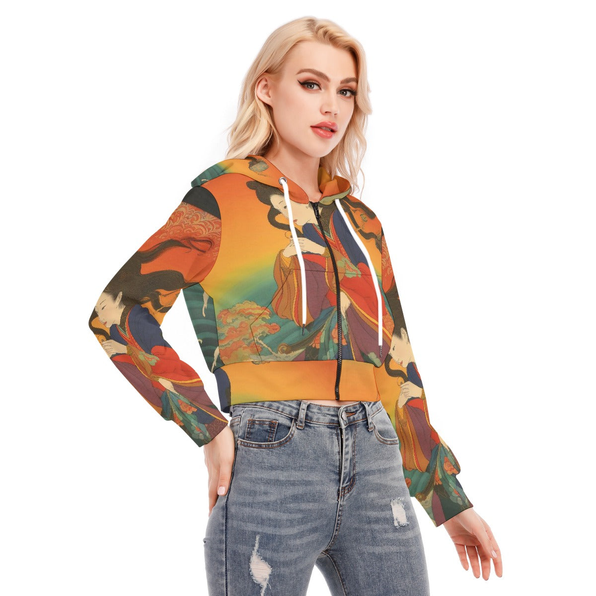 All-Over Print Women's Crop Top Hoodie With Zipper Closure