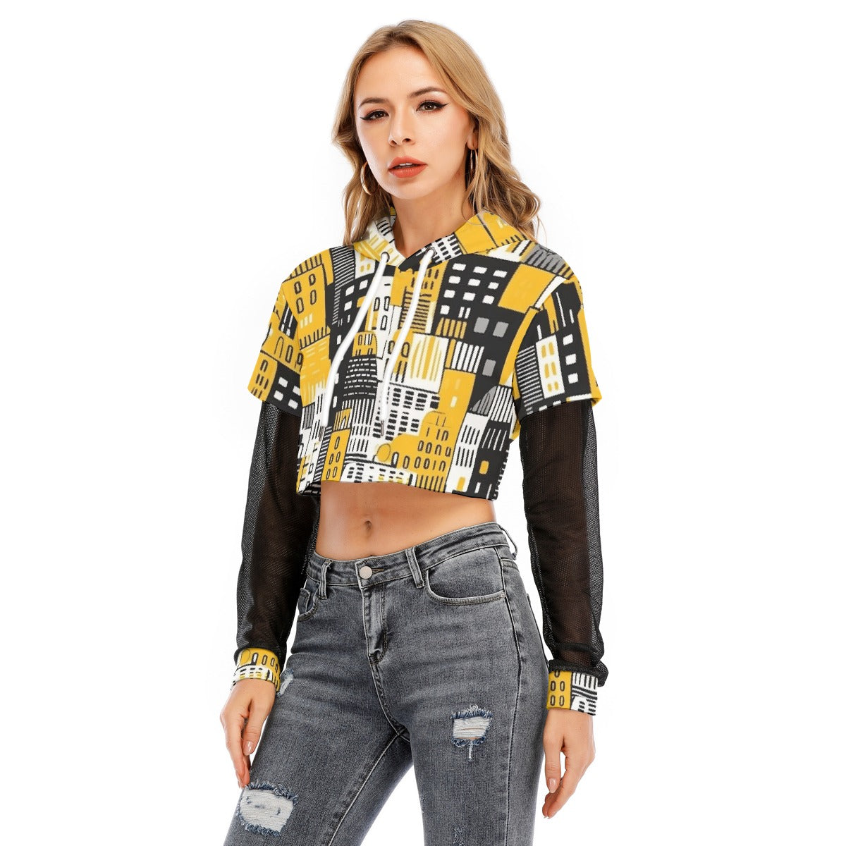 All-Over Print Women's Fake Two-piece Mesh Sleeve Cropped Hoodie