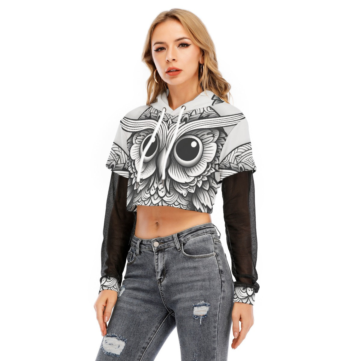 All-Over Print Women's Fake Two-piece Mesh Sleeve Cropped Hoodie