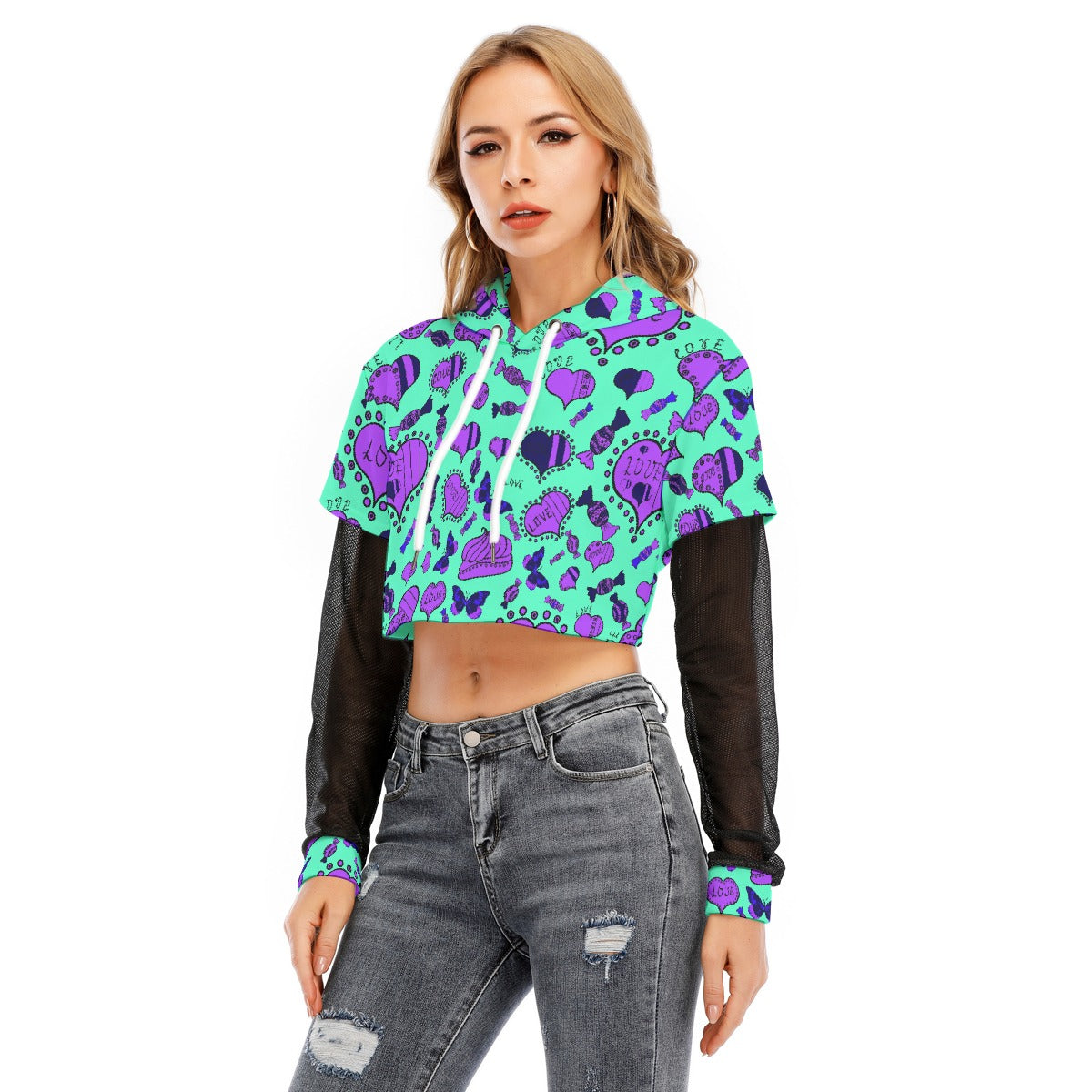 All-Over Print Women's Fake Two-piece Mesh Sleeve Cropped Hoodie