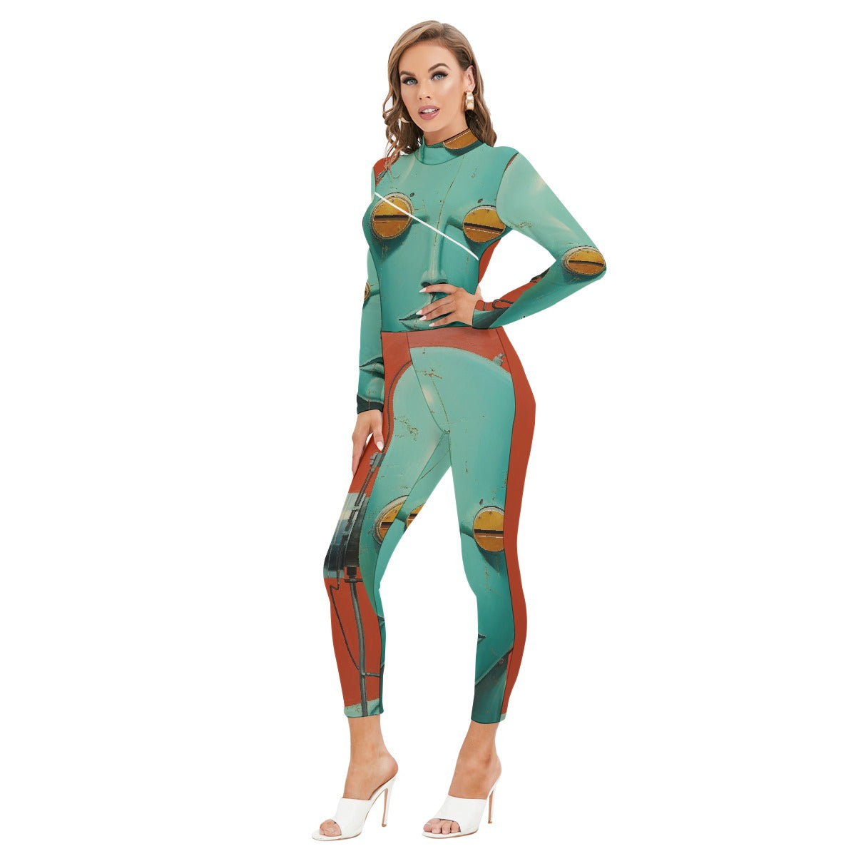 All-Over Print Women's Long-sleeved High-neck Jumpsuit With Zipper