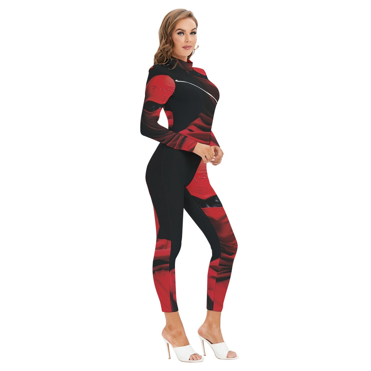 All-Over Print Women's Long-sleeved High-neck Jumpsuit With Zipper