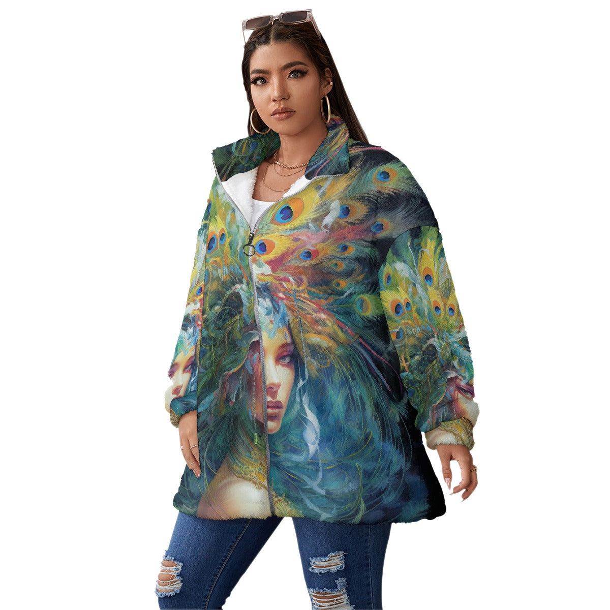 All-Over Print Unisex Borg Fleece Stand-up Collar Coat With Zipper Closure(Plus Size)