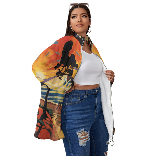 All-Over Print Unisex Borg Fleece Stand-up Collar Coat With Zipper Closure(Plus Size)