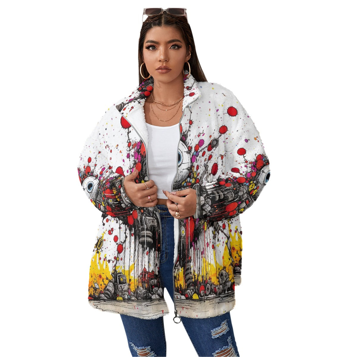 All-Over Print Unisex Borg Fleece Stand-up Collar Coat With Zipper Closure(Plus Size)
