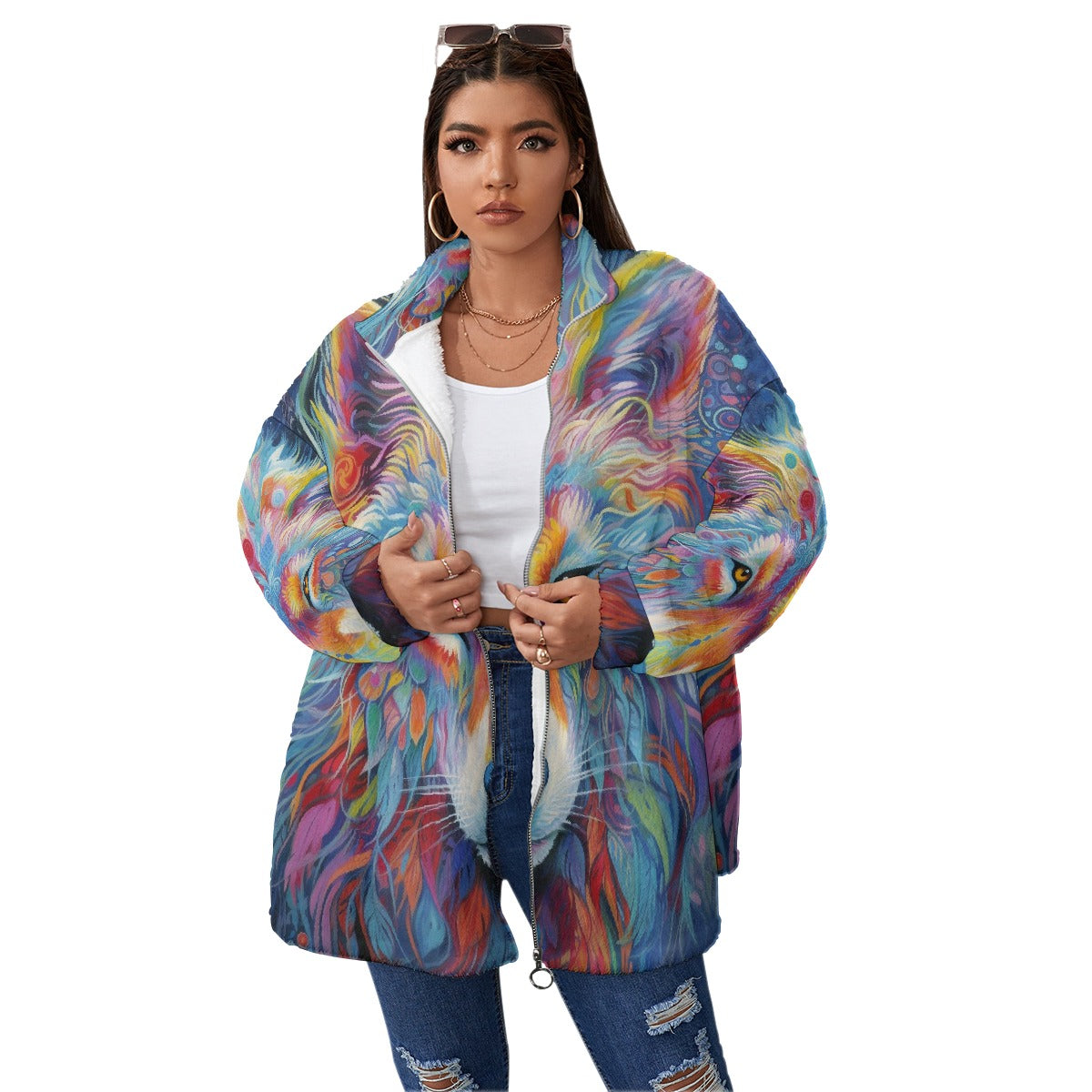 All-Over Print Unisex Borg Fleece Stand-up Collar Coat With Zipper Closure(Plus Size)