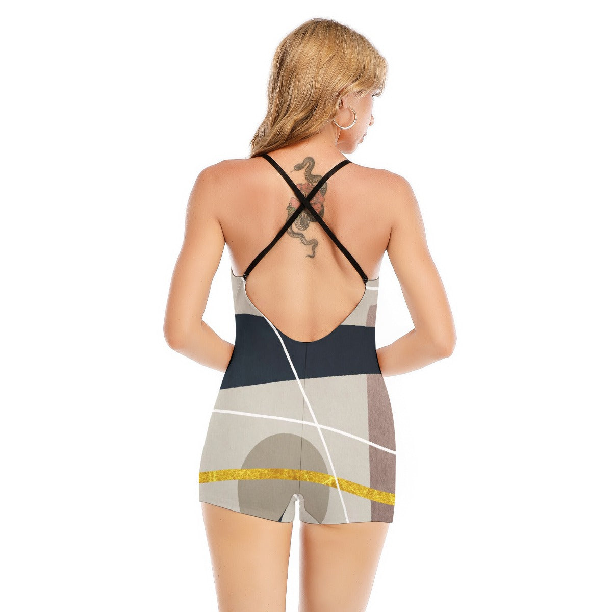 All-Over Print Women's Backless Romper With Black Straps