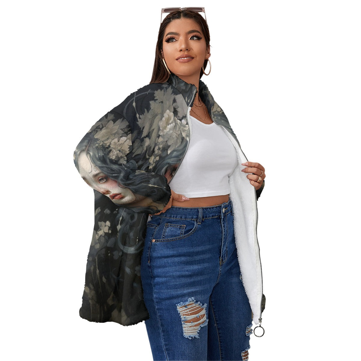 All-Over Print Unisex Borg Fleece Stand-up Collar Coat With Zipper Closure(Plus Size)