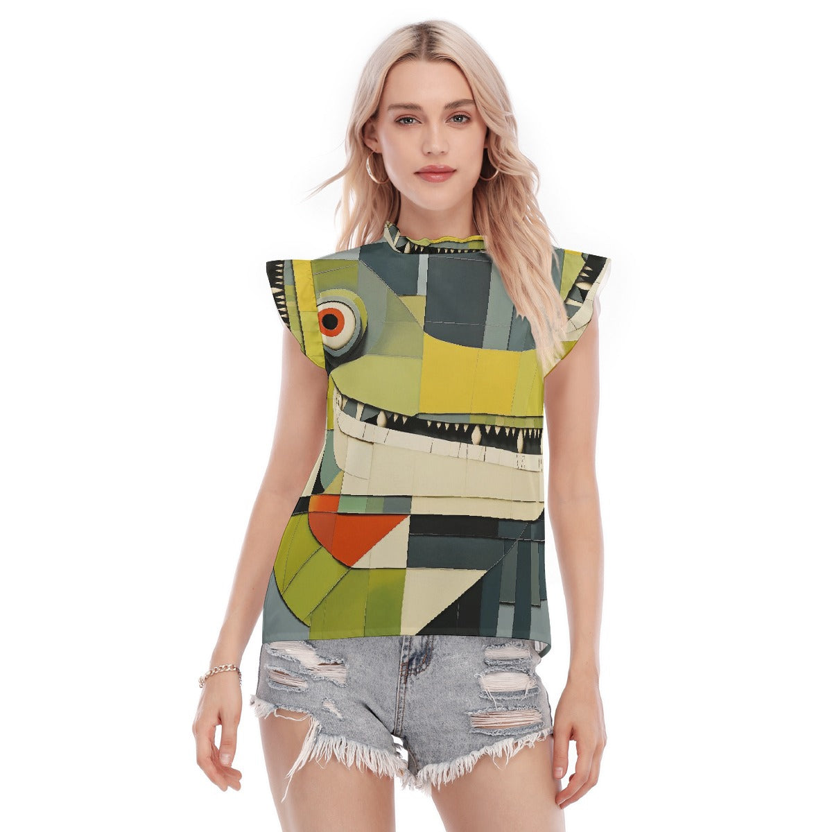 All-Over Print Women's Blouse With Ruffle Collar And Sleeve