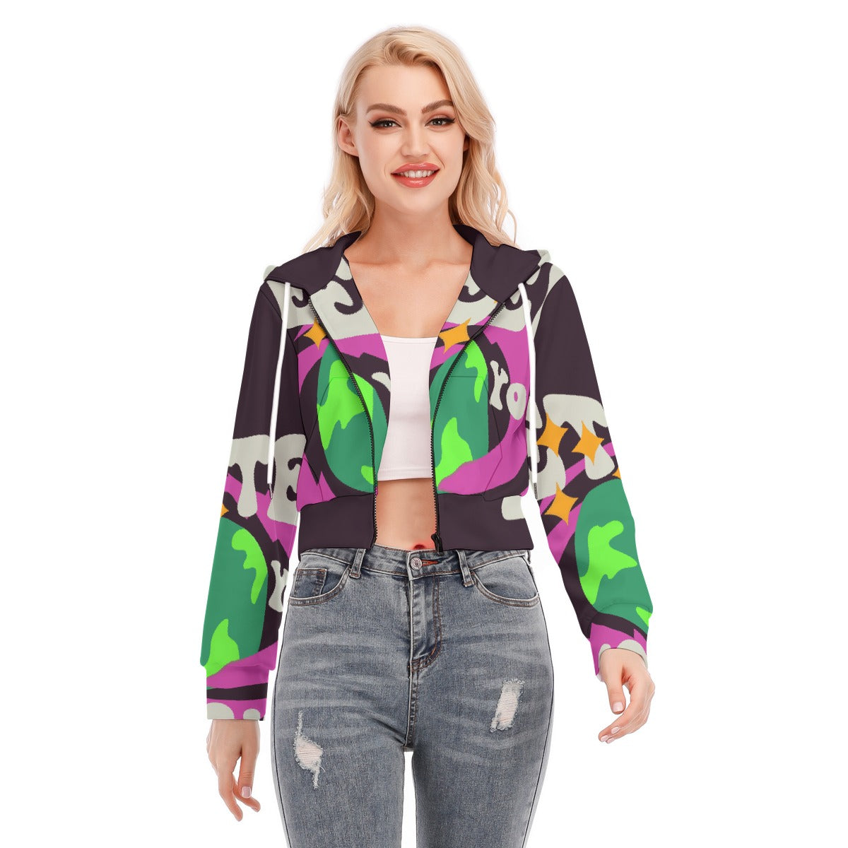 All-Over Print Women's Crop Top Hoodie With Zipper Closure