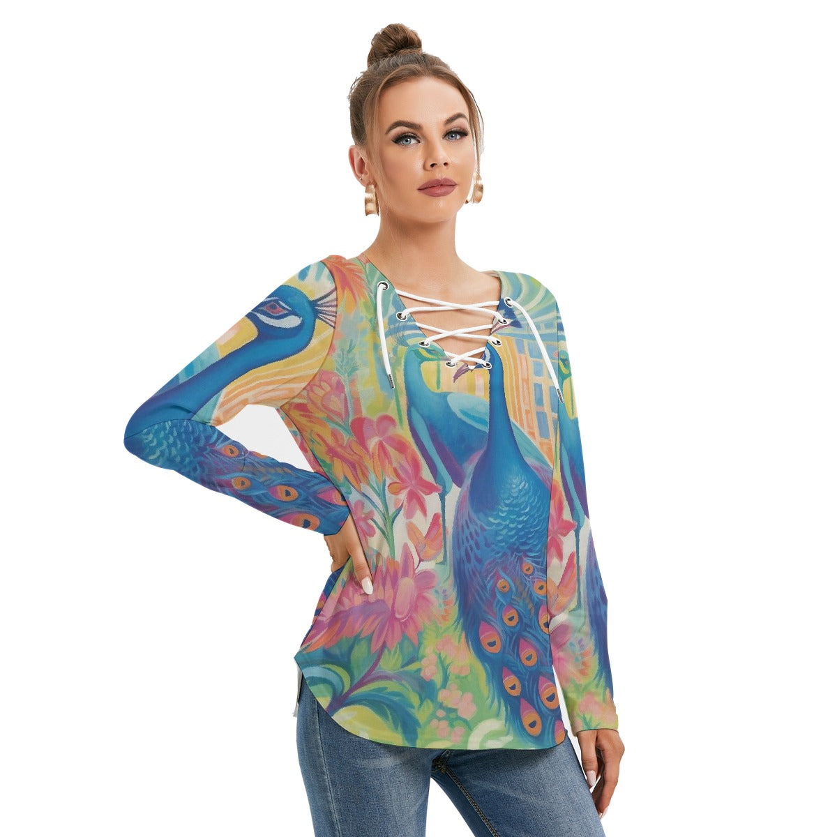 All-Over Print Women's Long Sleeve Neckline Tie Sweatshirt