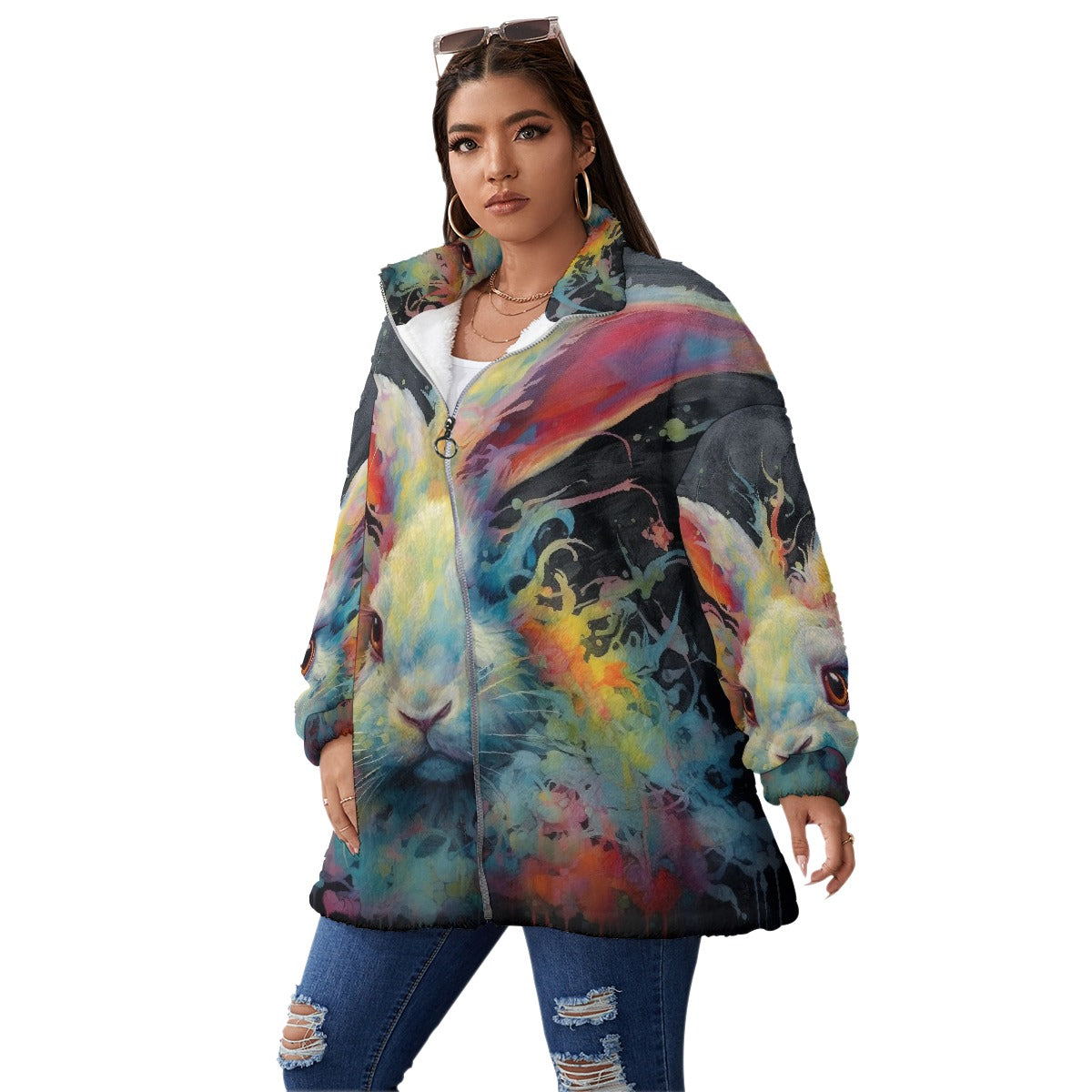 All-Over Print Unisex Borg Fleece Stand-up Collar Coat With Zipper Closure(Plus Size)