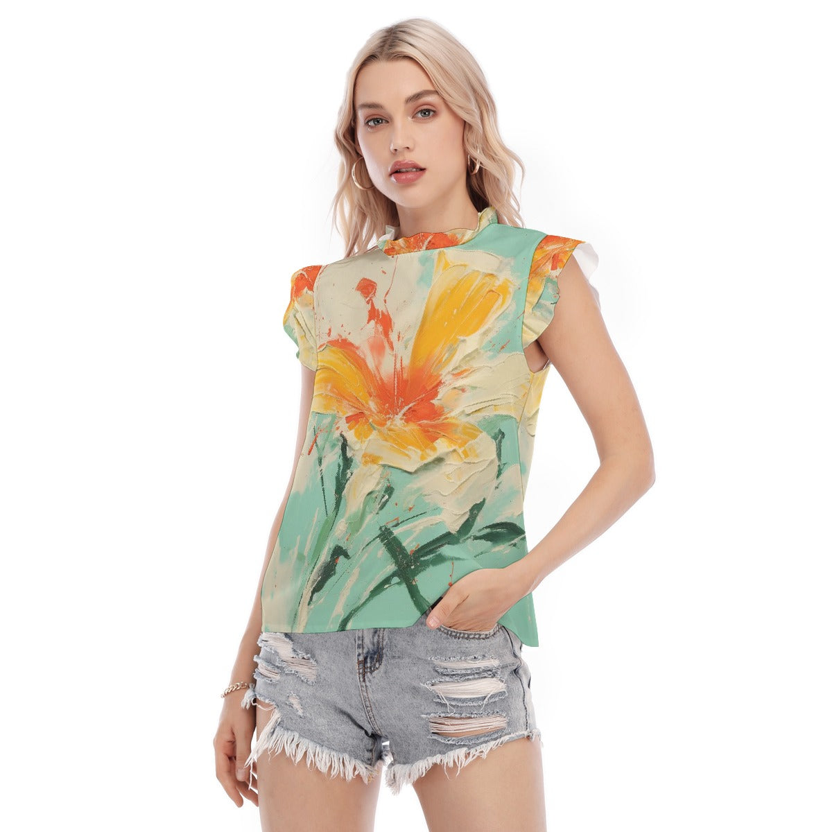 All-Over Print Women's Blouse With Ruffle Collar And Sleeve