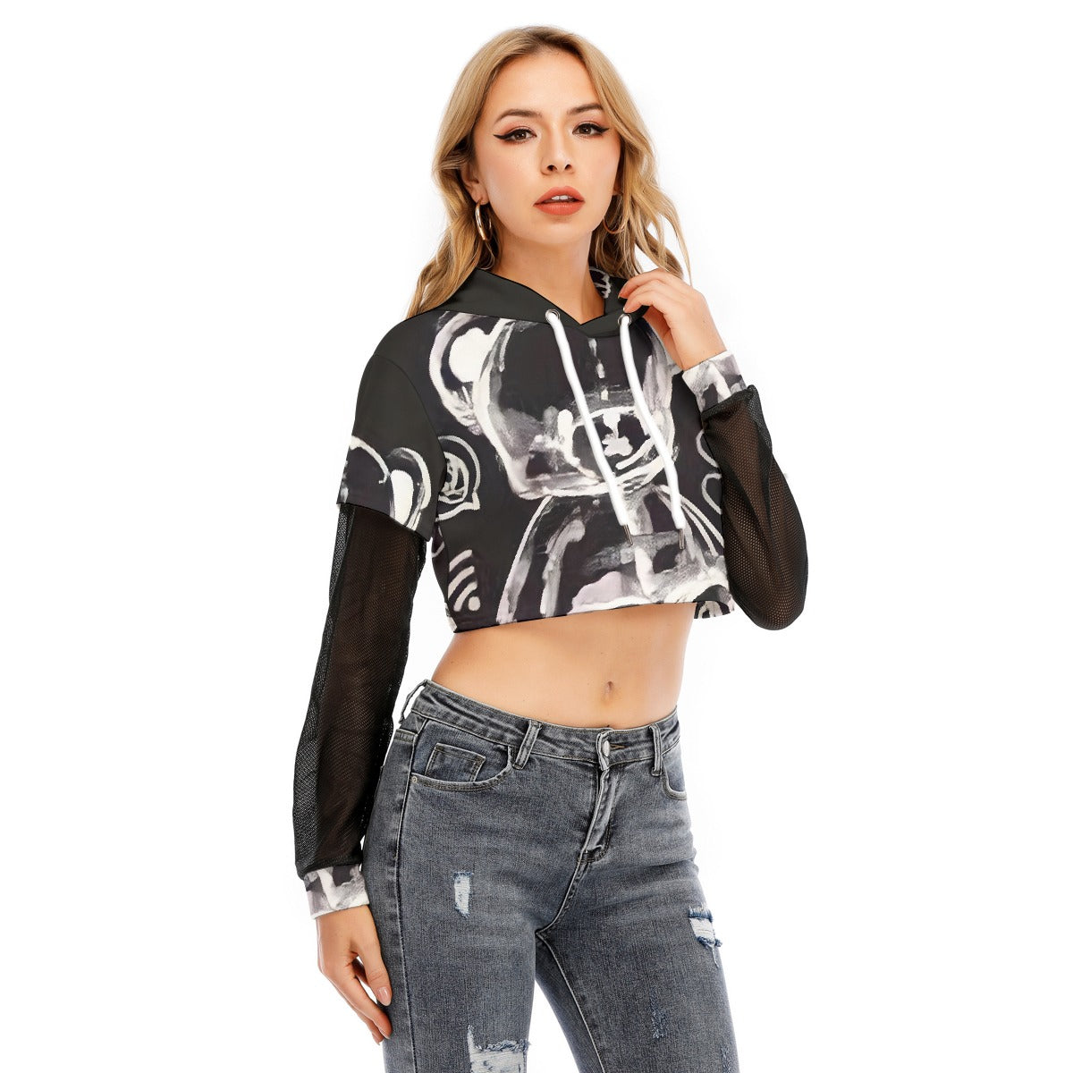 All-Over Print Women's Fake Two-piece Mesh Sleeve Cropped Hoodie