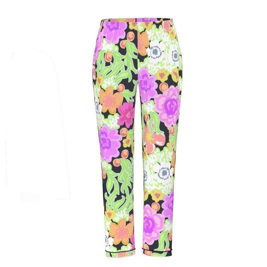 All-Over Print Women's Long Sleeve Pajama Set With Black Contrast Piping