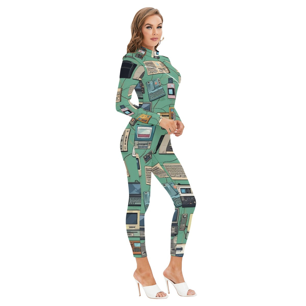 All-Over Print Women's Long-sleeved High-neck Jumpsuit With Zipper