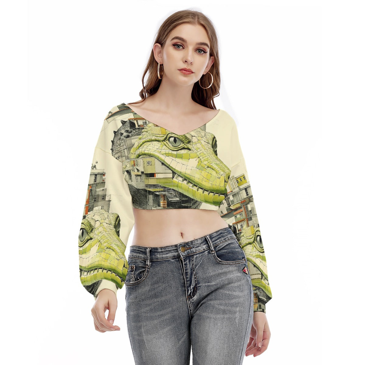 All-Over Print Women's V-neck Long Sleeve Cropped Sweatshirt