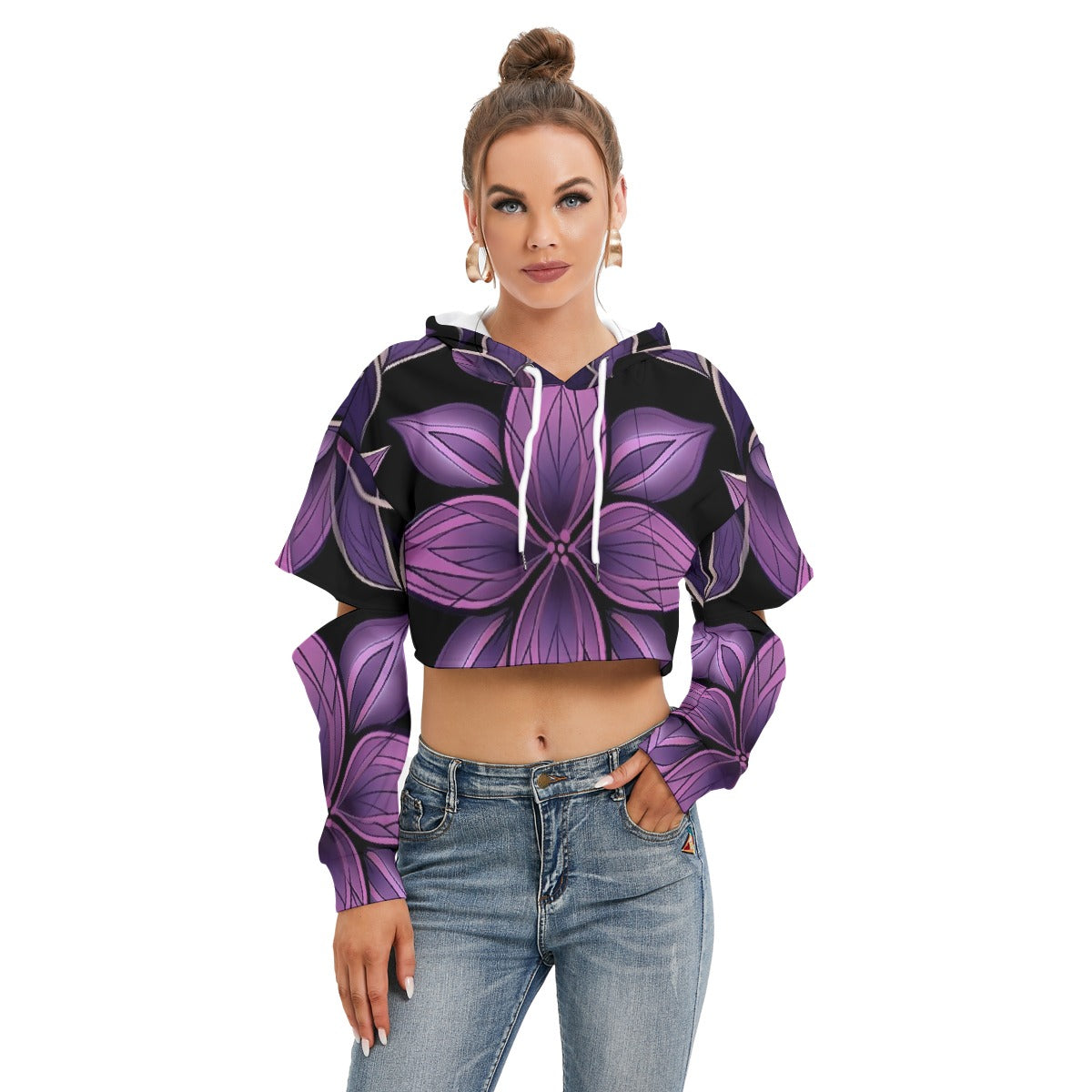 All-Over Print Women's Heavy Fleece Hoodie With Hollow Out Sleeve