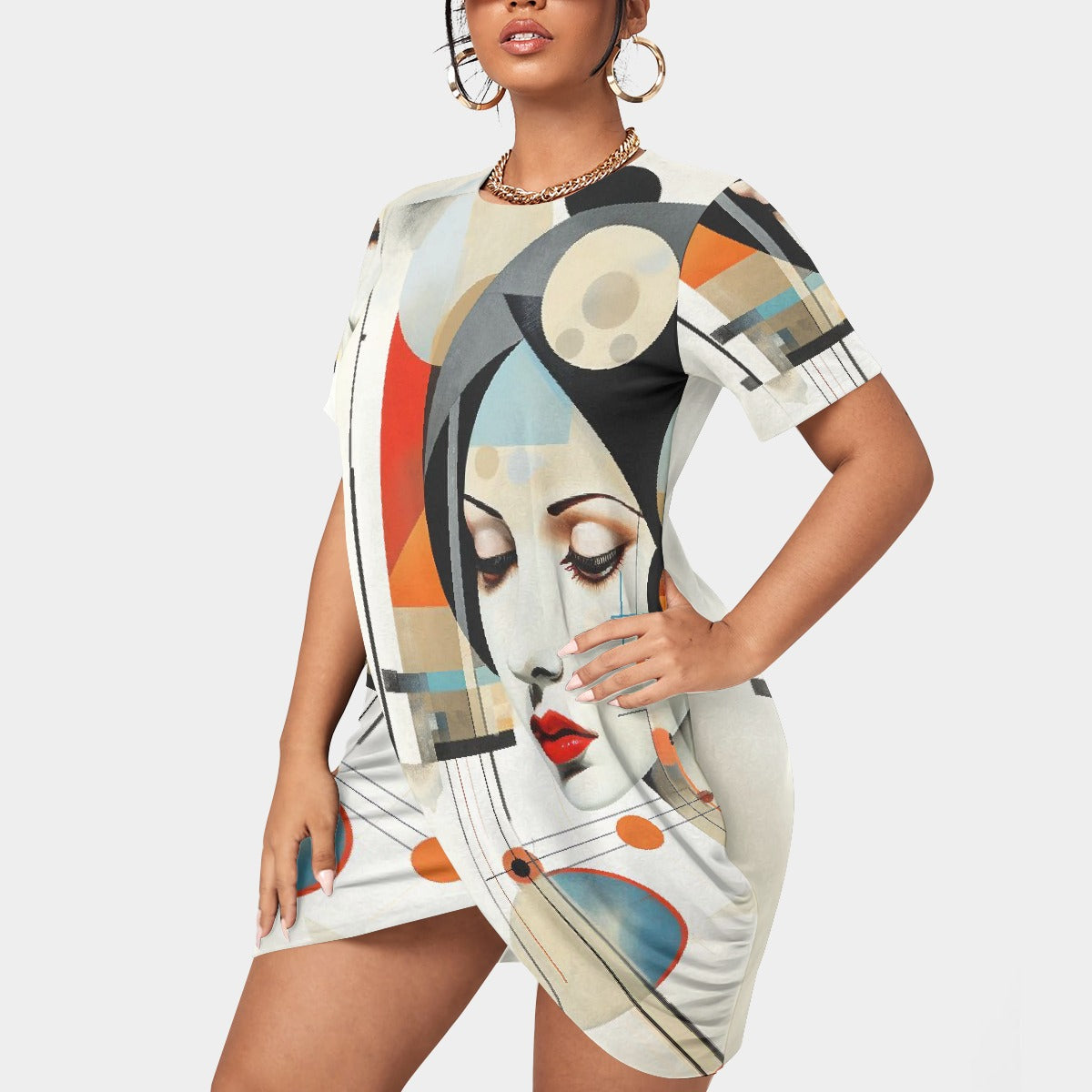 All-Over Print Women’s Stacked Hem Dress With Short Sleeve（Plus Size）