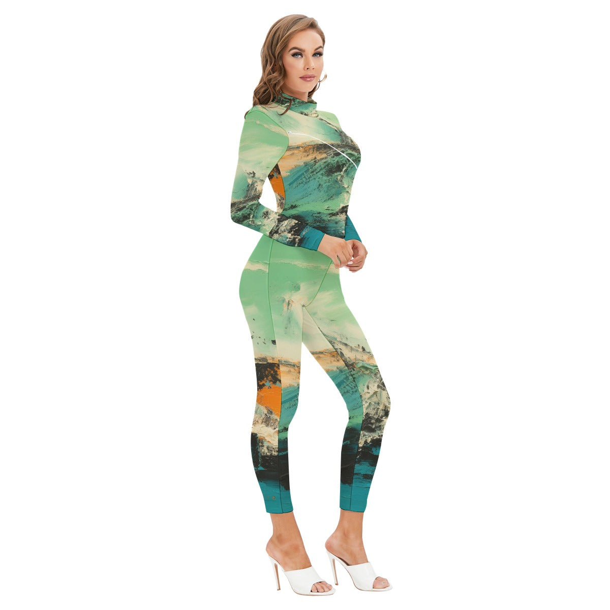 All-Over Print Women's Long-sleeved High-neck Jumpsuit With Zipper