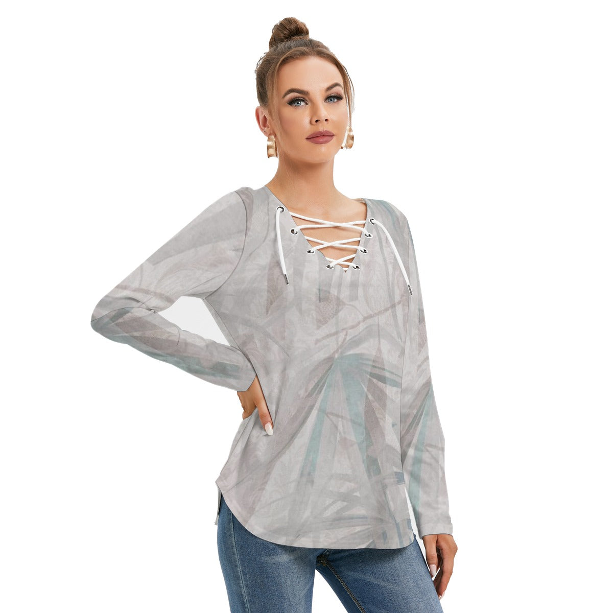 All-Over Print Women's Long Sleeve Neckline Tie Sweatshirt