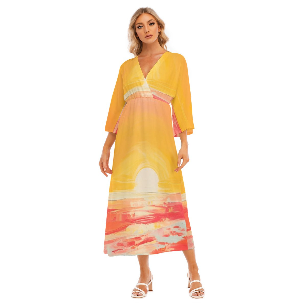 All-Over Print Women's Mid-Sleeve Long Dress