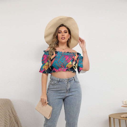 All-Over Print Women's Off-shoulder Cropped Top With Short Puff Sleeve