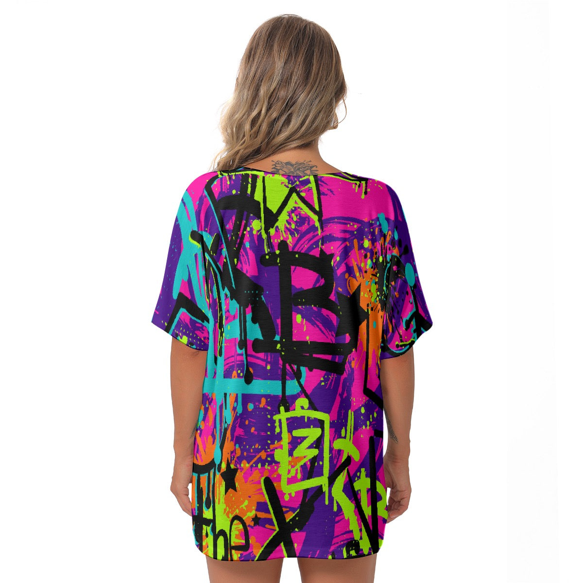 All-Over Print Women's Bat Sleeves V-Neck Blouse