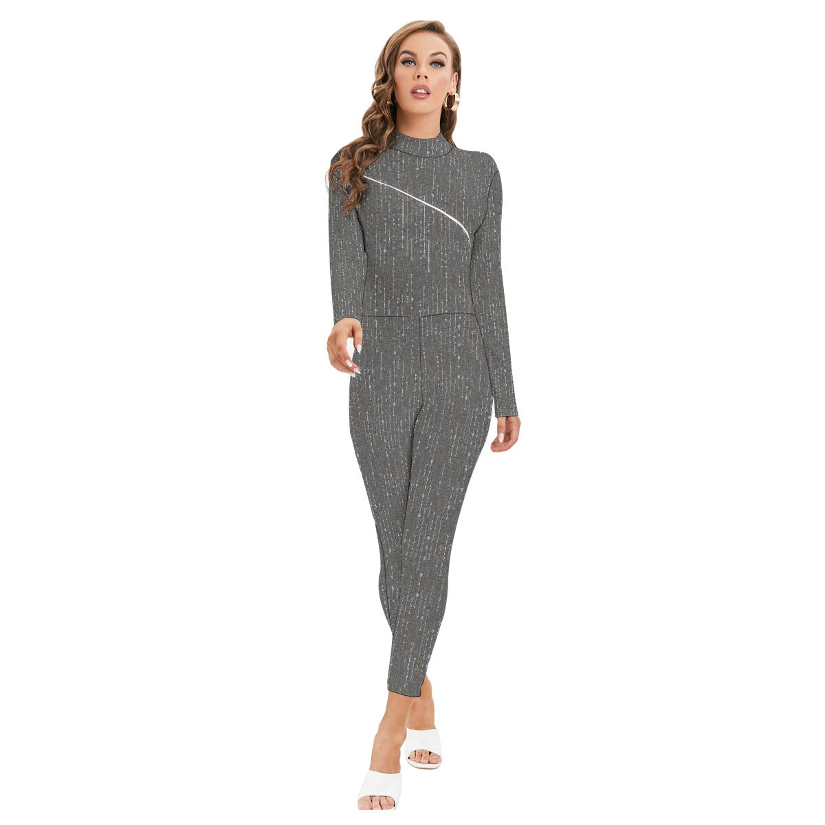 All-Over Print Women's Long-sleeved High-neck Jumpsuit With Zipper