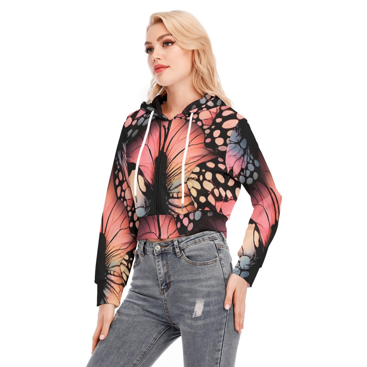 All-Over Print Women's Crop Top Hoodie With Zipper Closure