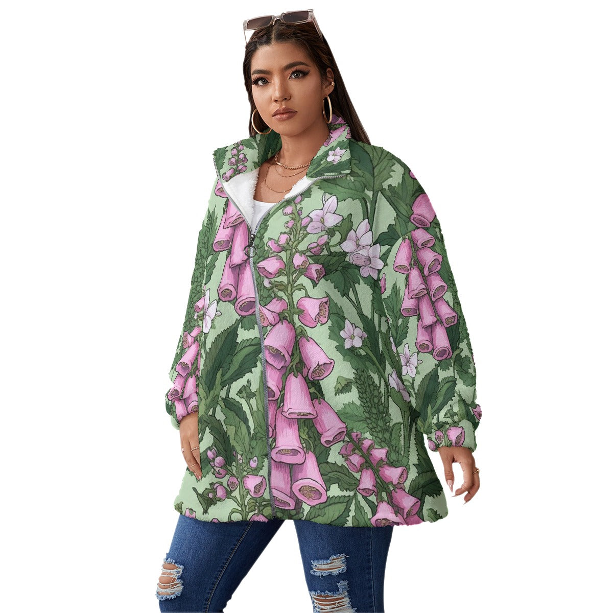 All-Over Print Unisex Borg Fleece Stand-up Collar Coat With Zipper Closure(Plus Size)