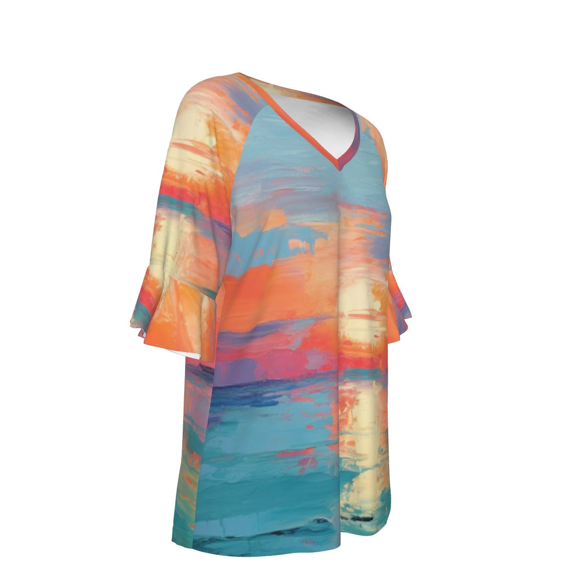 All-Over Print V-neck Women's T-shirt With Bell Sleeve