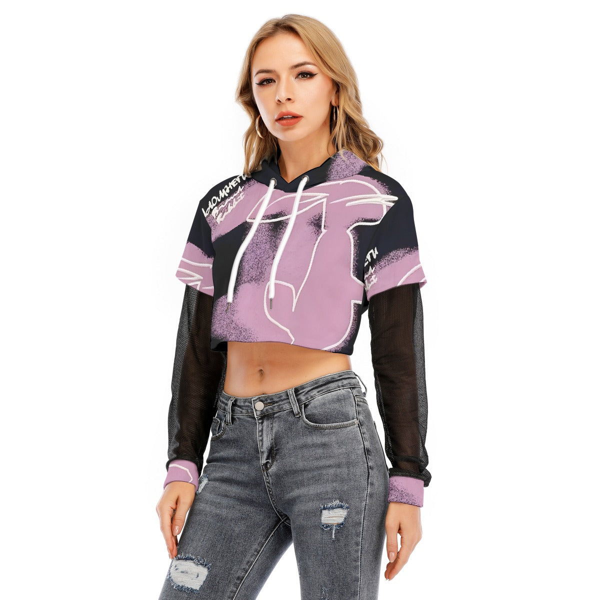 All-Over Print Women's Fake Two-piece Mesh Sleeve Cropped Hoodie