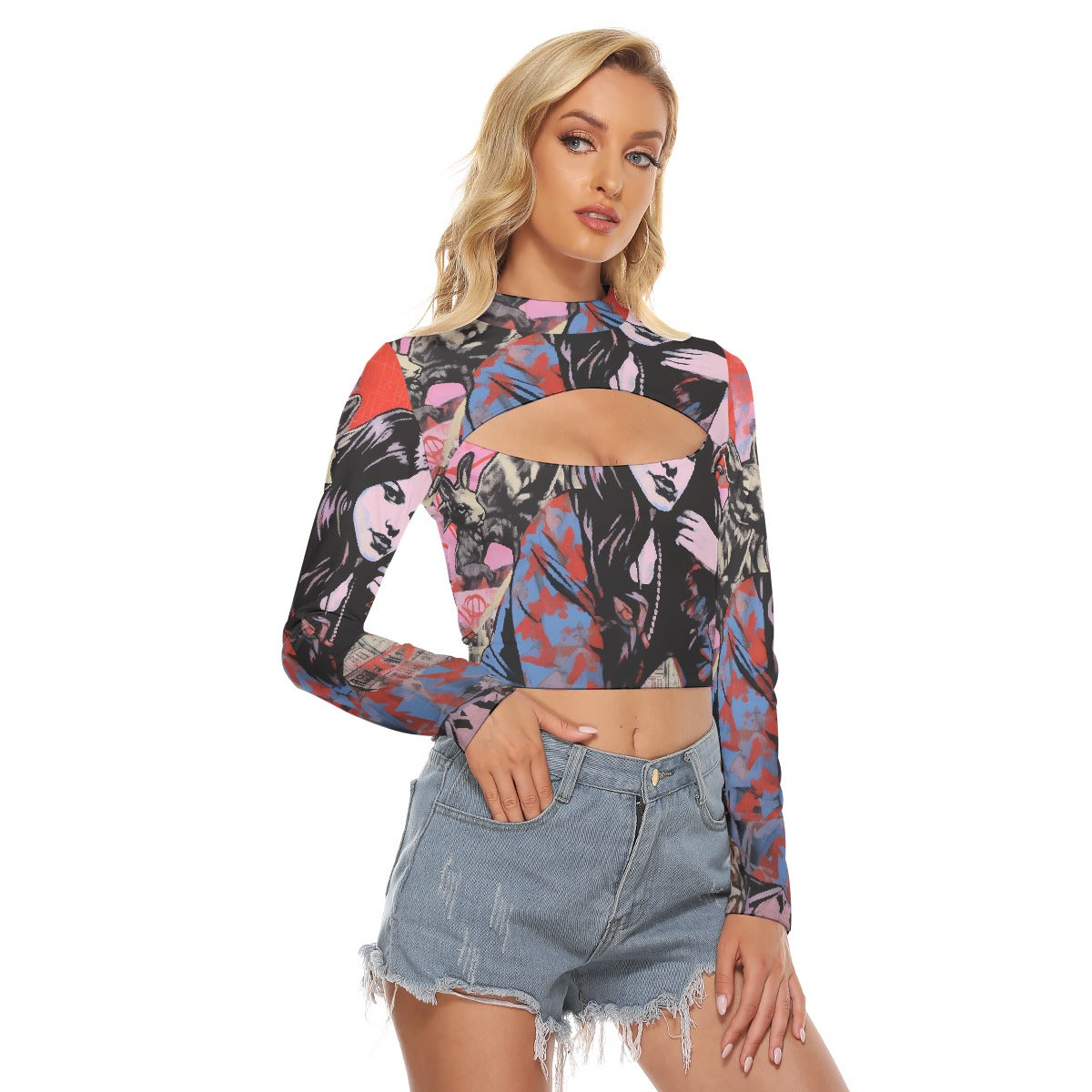 All-Over Print Women's Hollow Chest Keyhole Tight Crop Top