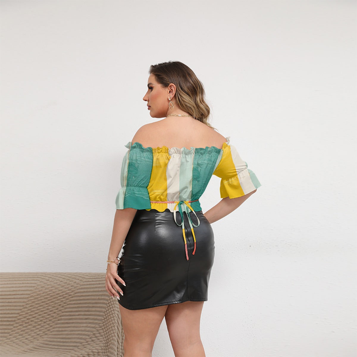 All-Over Print Women's Off-shoulder Cropped Top With Short Puff Sleeve