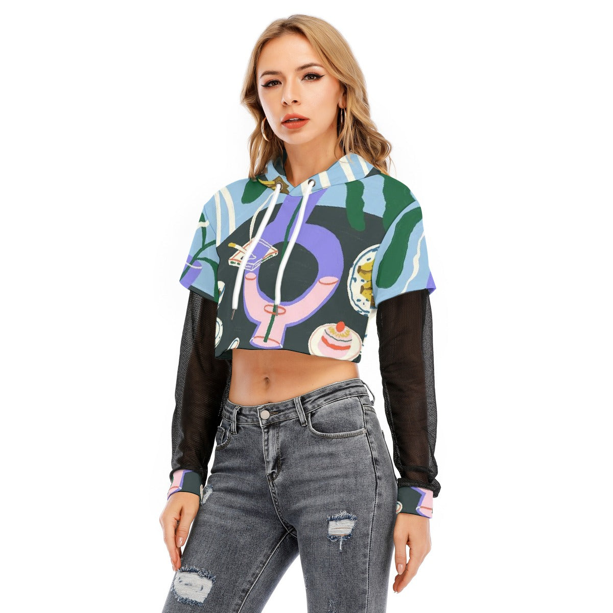All-Over Print Women's Fake Two-piece Mesh Sleeve Cropped Hoodie