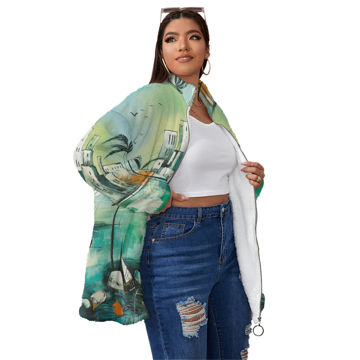 All-Over Print Unisex Borg Fleece Stand-up Collar Coat With Zipper Closure(Plus Size)