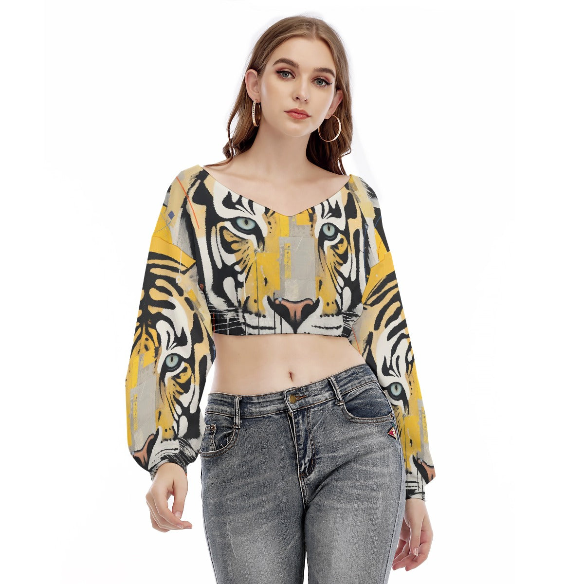 All-Over Print Women's V-neck Long Sleeve Cropped Sweatshirt